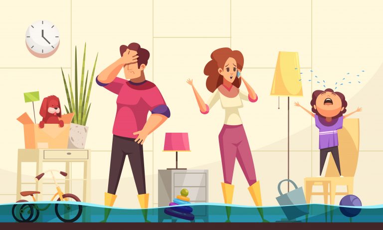 Animasjonsbilde av en fortvilt familie i et hus som er fylt av vann, husk å ta vannsjekken